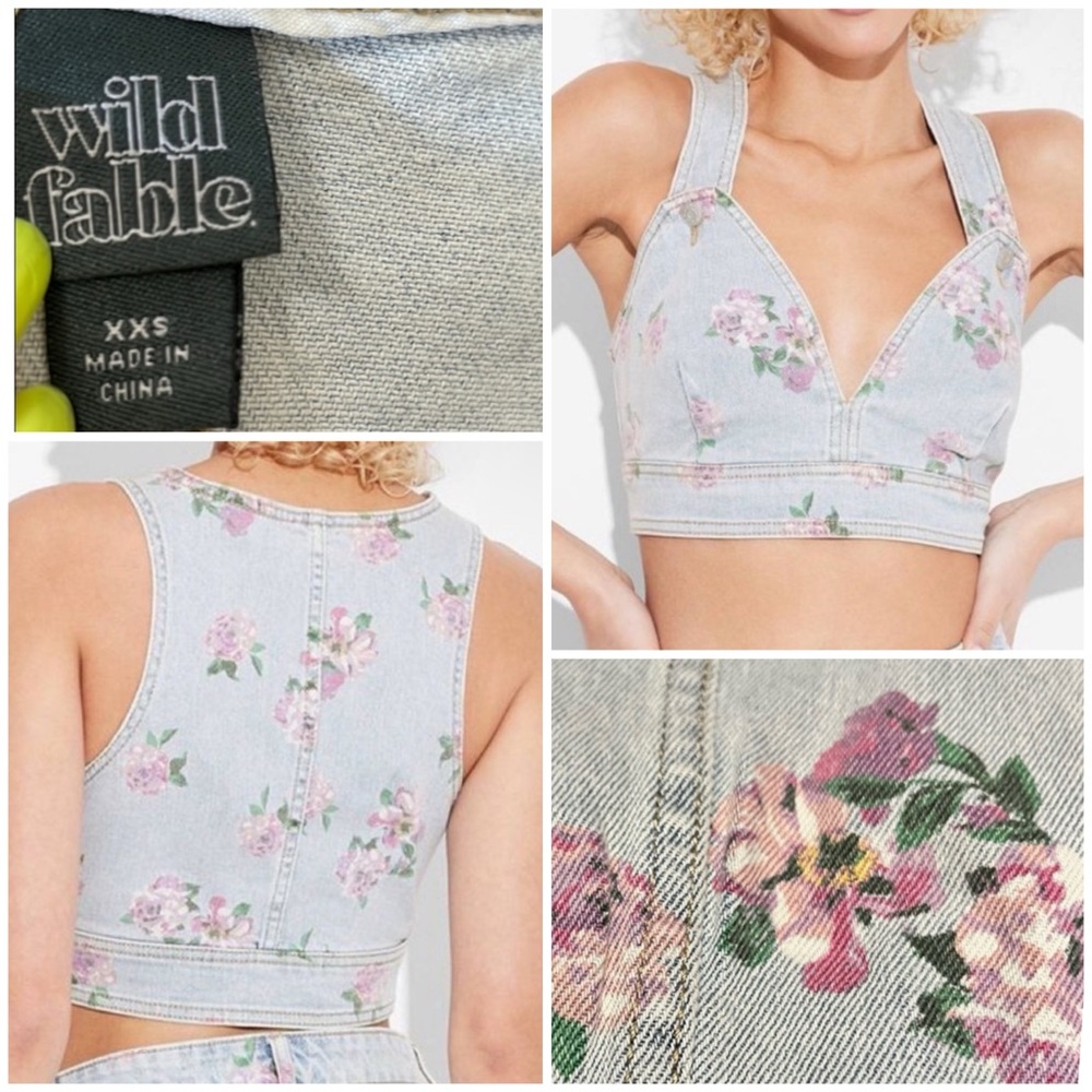 NWT Wild Fable Floral Light Denim Vest/ Crop Top - XXS -See Measurements In Pics